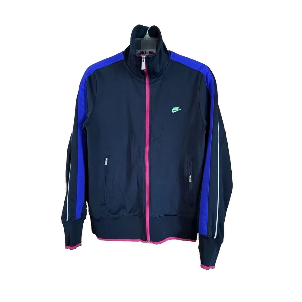 VINTAGE Nike Women's Y2K Track Jacket Black Pink Blue Neon Swoosh Zip Up L